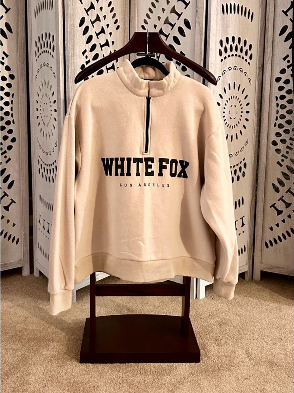 White Fox Boutique Cream Half-Zip Pullover with Black Logo